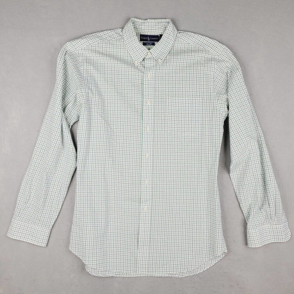 Vintage Ralph Lauren Shirt Men's 17 XL White Blue Green Classic Fit Button Down